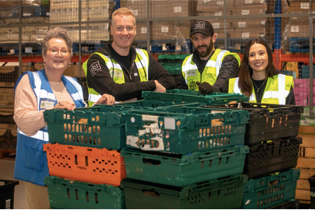 Left to right: City Harvest London CEO Sarah Calcutt and Holy Moly&rsquo;s co-founder Tom Walker, head of sales Tom Coen and senior category manager Adrienne Hudson