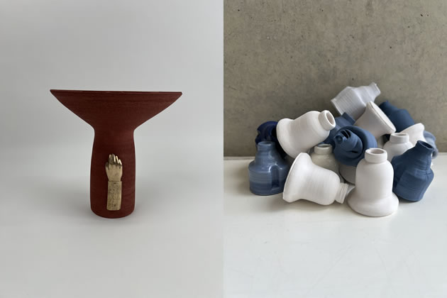 Left: Anna Butler The Right Hand of Gregory the Illuminator Wheelthrown stoneware and cast bronze. Right: Anna Butler Thames Ink Wells. Stained Cast and 3D-printed porcelain