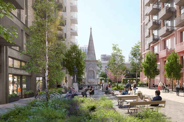 A CGI image of Golden Mile Square showing the Brentford Fountain submitted by the developer