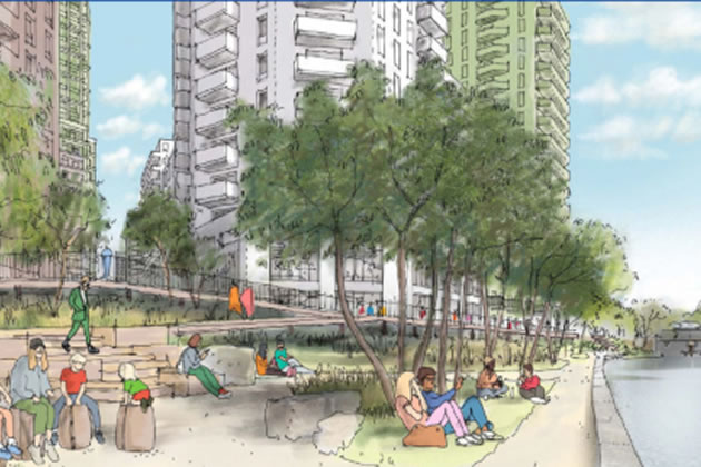 A visualisation of the proposed public space underneath the M4 flyover. Picture: Hadley Property Group 