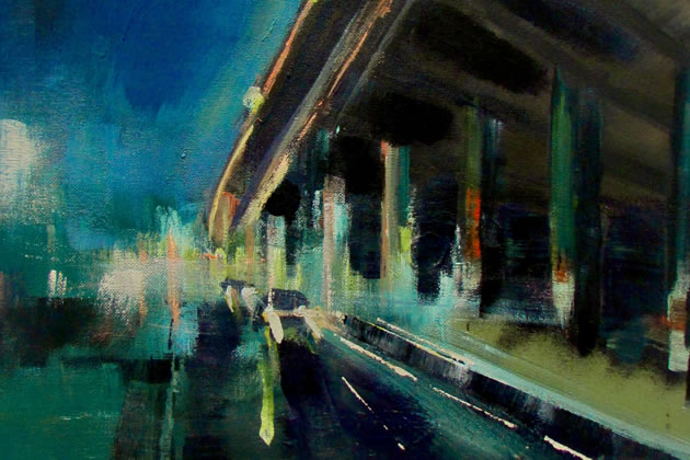 Helena Butler, West London Night Scene, crop of original oil painting on canvas 