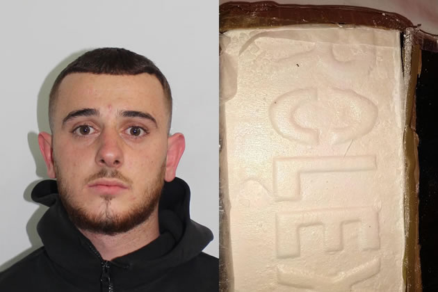 Kelvin Hoxha of Field Lane Brentford (left) and some of the cocaine found by police (right).