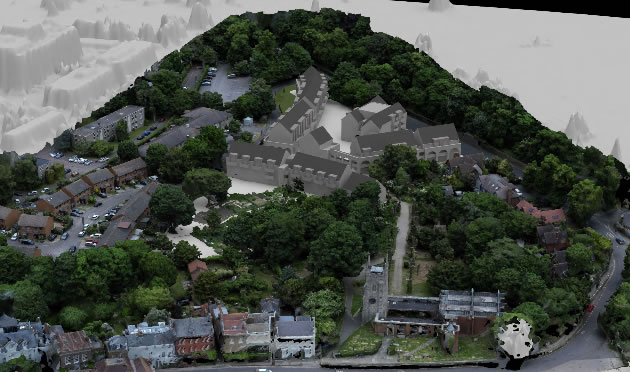 An aerial view of a visualisation of the complete scheme from planning documents