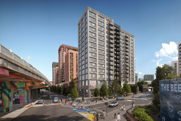 Visualisation of Brentford Works Scheme looking east along the A4/M4 submitted with the application