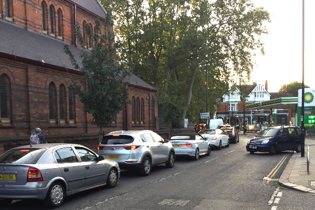 Traffic queues by St Alban's Church leading to Acton Lane