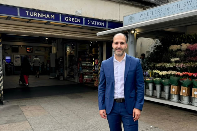 Bassam Mahfouz, London Assembly Member for Ealing and Hillingdon outside the Turnham Green Station