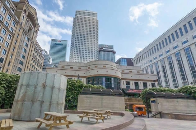 The three tallest skyscrapers in Canary Wharf, a large business and shopping development.