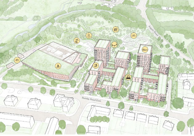 An aerial overview of the proposed Gurnell development from the planning documents