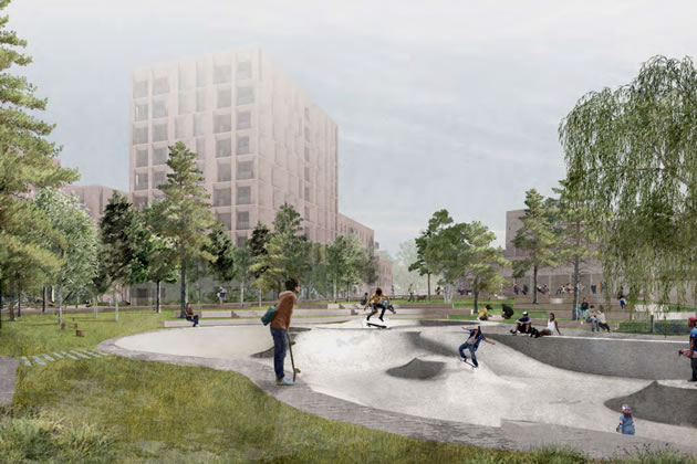 CGI of the skate park with one of the housing blocks in the rear