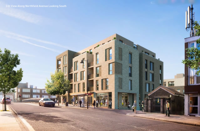 Visualisation of scheme looking south on Northfield Avenue