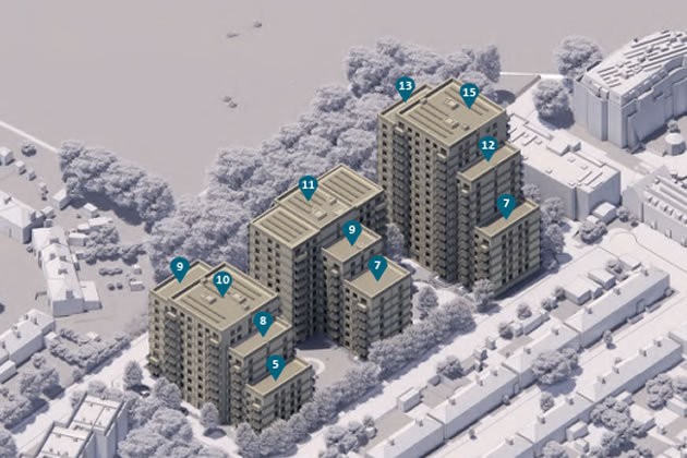 An overview of the blocks in the Trumpers Way scheme showing the number of storeys in each building