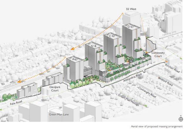 Drawing showing the scale of the towers in context.