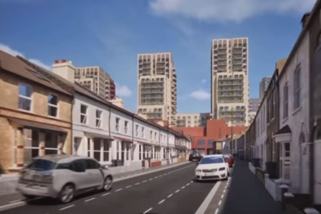 Still from the JLP video showing the towers as seen from nearby residential streets