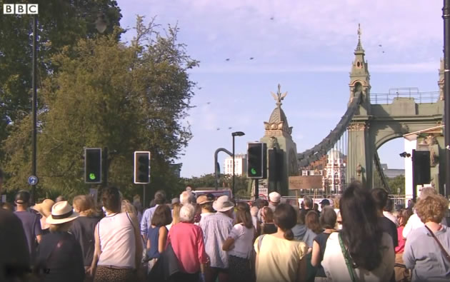 Protestors gather near Hammersmith Bridge