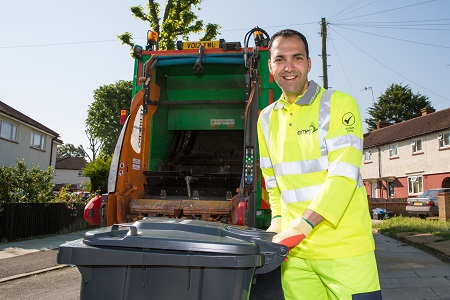 Cllr Bassam Mahfouz and wheelie bin: Amey