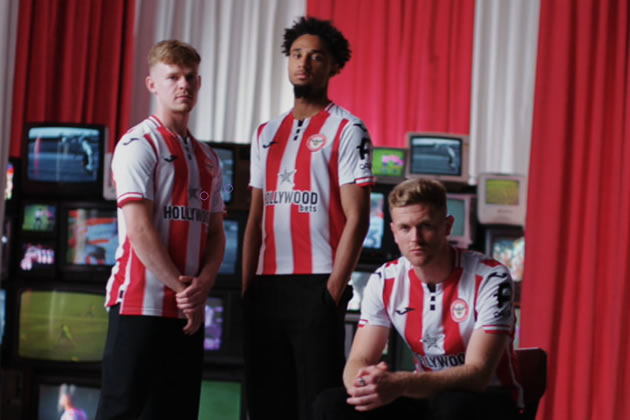 Keane Lewis-Potter, Kevin Schade and Nathan Collins model the new shirt