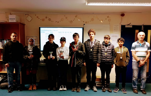 The prize winners with Mr D&rsquo;Costa (left) and Dr Rowden (right)