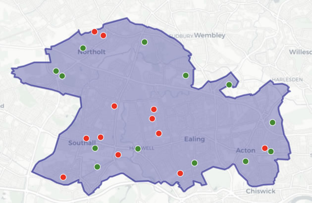 Map showing sites of potential closures in red