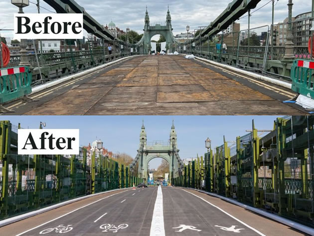 Hammersmith Bridge deck before and after the works